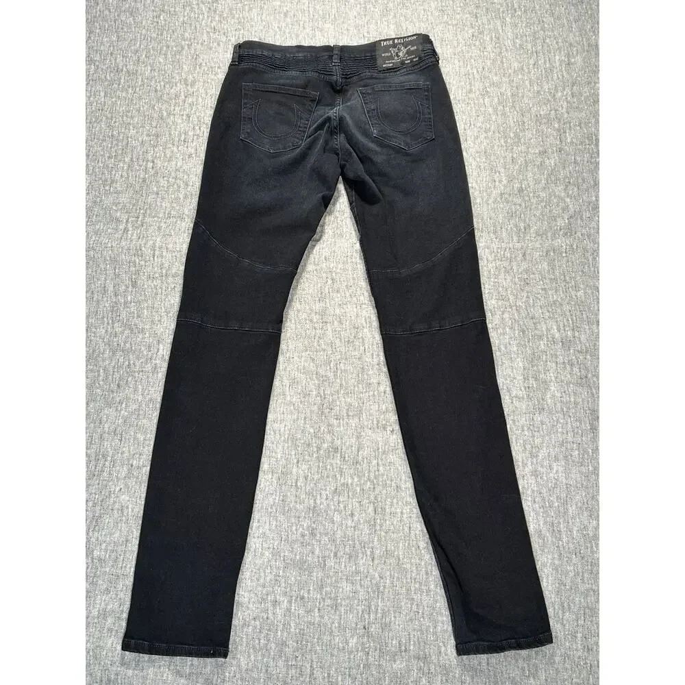 True Religion Rocco Moto Jeans Mens 28x34 Black Faded Relaxed Skinny Stretch